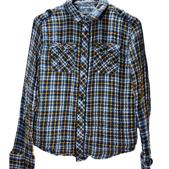 Buffalo David Bitton Womens Large Plaid Crinkle Accordion Dad Patch Button Shirt - Picture 1 of 7